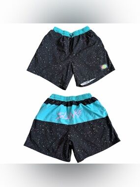Slunks Men’s Moons Shorts Sz M Black Turquoise 5” Inseam Athletic Volleyball EUC